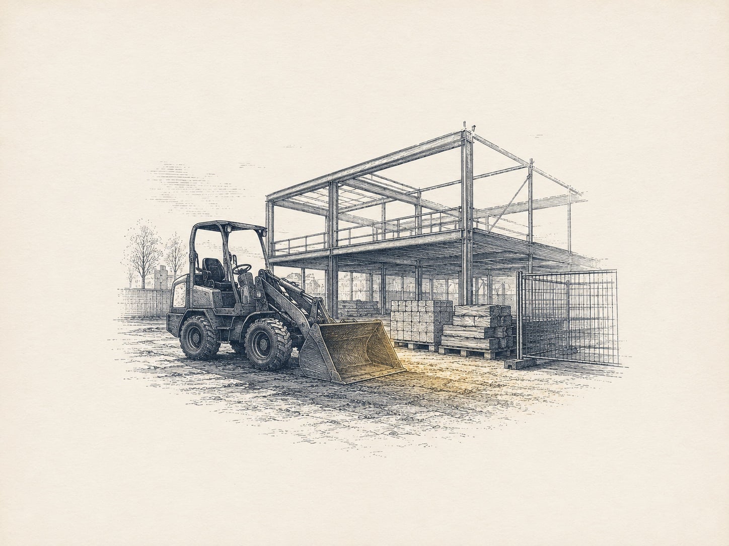 Gravure van een minilader op een bouwplaats bij een bedrijfspand in aanbouw